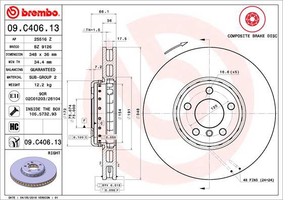 Brembo 09.C406.13 - Bremžu diski www.autospares.lv