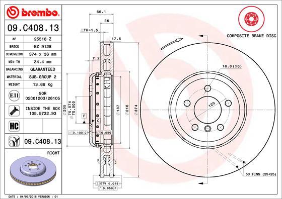 Brembo 09.C408.13 - Bremžu diski www.autospares.lv