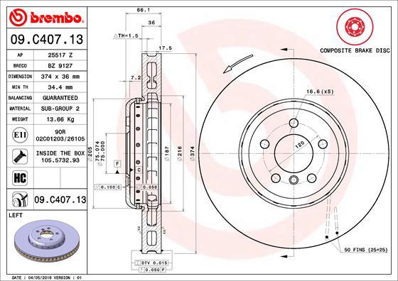 Brembo 09.C407.13 - Bremžu diski www.autospares.lv