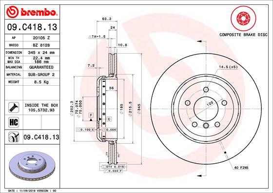 Brembo 09.C418.13 - Bremžu diski www.autospares.lv