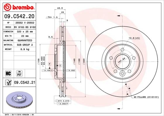 Brembo 09.C542.21 - Bremžu diski autospares.lv