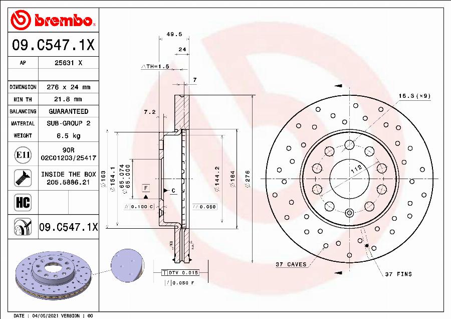 Brembo 09.C547.1X - Bremžu diski www.autospares.lv