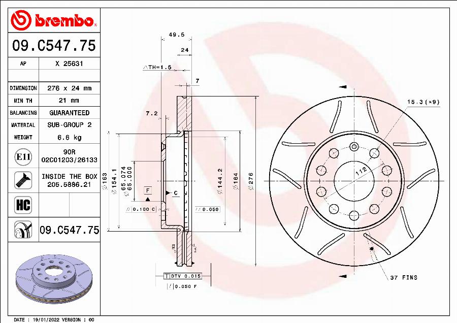 Brembo 09.C547.75 - Bremžu diski www.autospares.lv