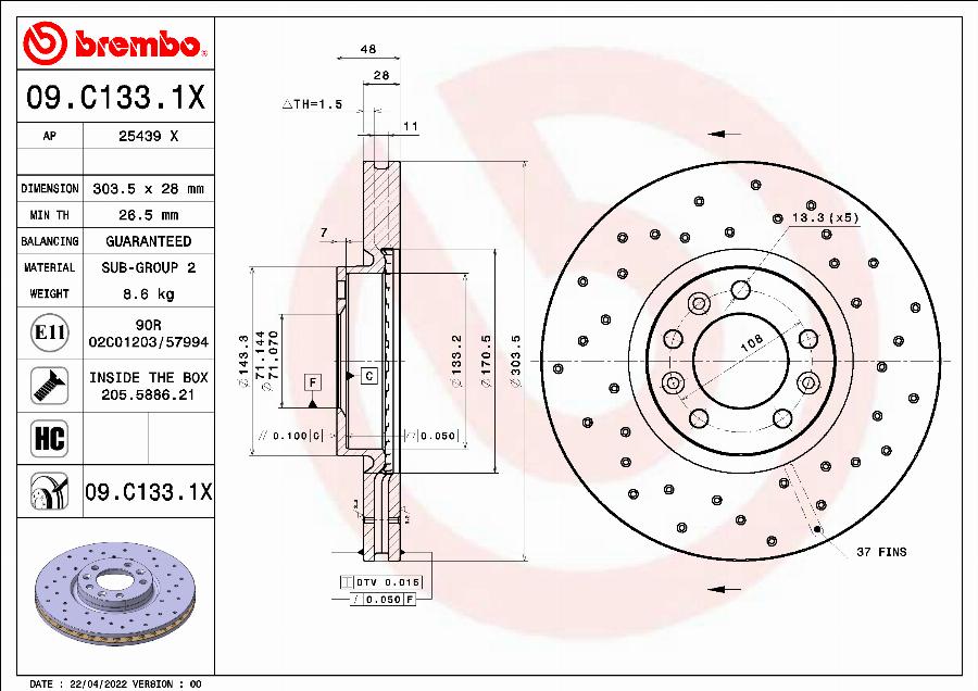 Brembo 09.C133.1X - Bremžu diski autospares.lv