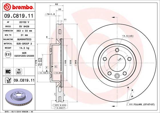 Brembo 09.C819.11 - Bremžu diski www.autospares.lv