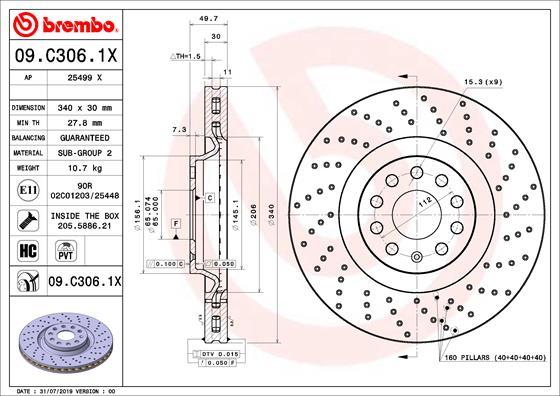 Brembo 09.C306.1X - Bremžu diski www.autospares.lv