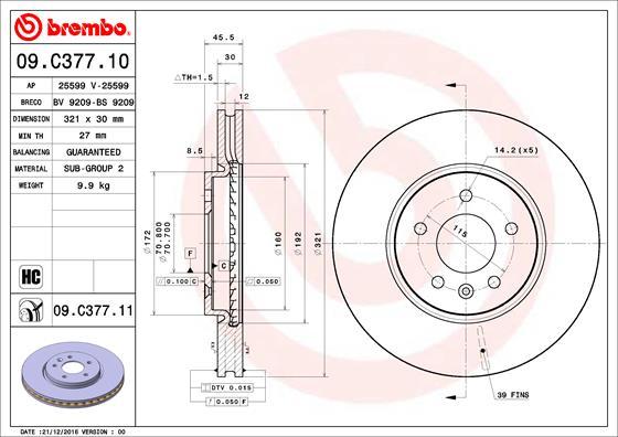 Brembo 09.C377.11 - Bremžu diski autospares.lv