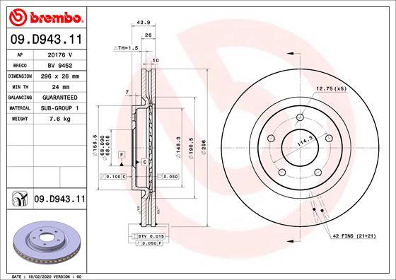 Brembo 09.D943.11 - Bremžu diski www.autospares.lv