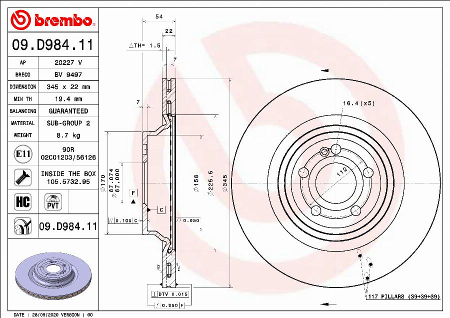 Brembo 09.D984.11 - Bremžu diski www.autospares.lv