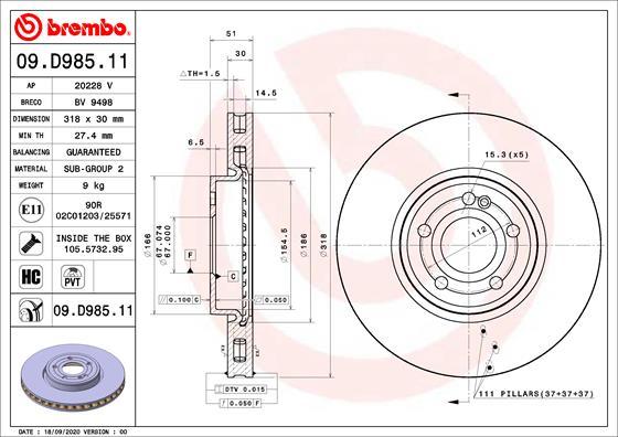 Brembo 09.D985.11 - Bremžu diski www.autospares.lv