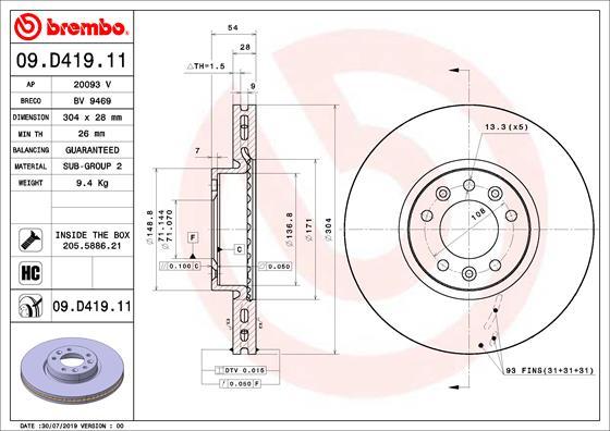 Brembo 09.D419.11 - Bremžu diski www.autospares.lv