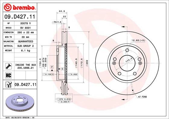 Brembo 09.D427.11 - Bremžu diski www.autospares.lv