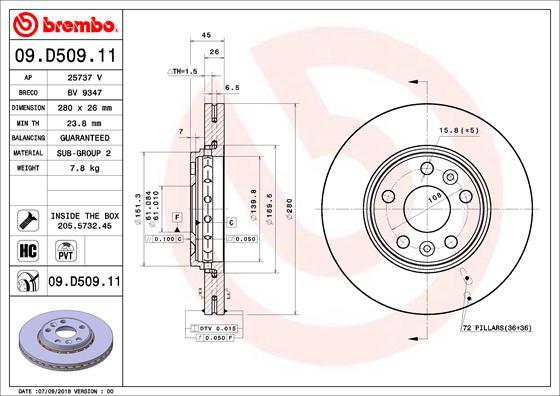 Brembo 09.D509.11 - Bremžu diski www.autospares.lv