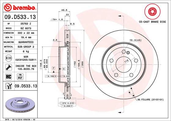 Brembo 09.D533.13 - Bremžu diski www.autospares.lv