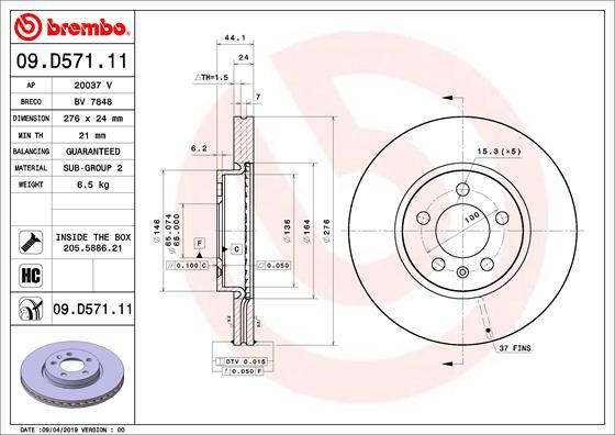 Brembo 09.D571.11 - Bremžu diski www.autospares.lv