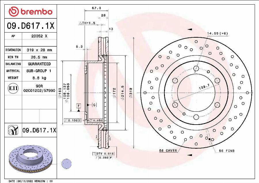 Brembo 09.D617.1X - Bremžu diski www.autospares.lv