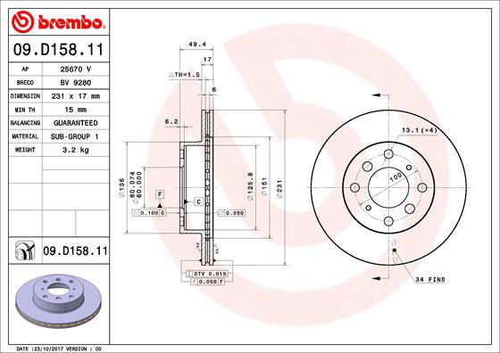 Brembo 09.D158.11 - Bremžu diski www.autospares.lv