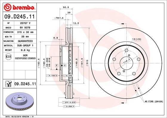 Brembo 09.D245.11 - Bremžu diski autospares.lv