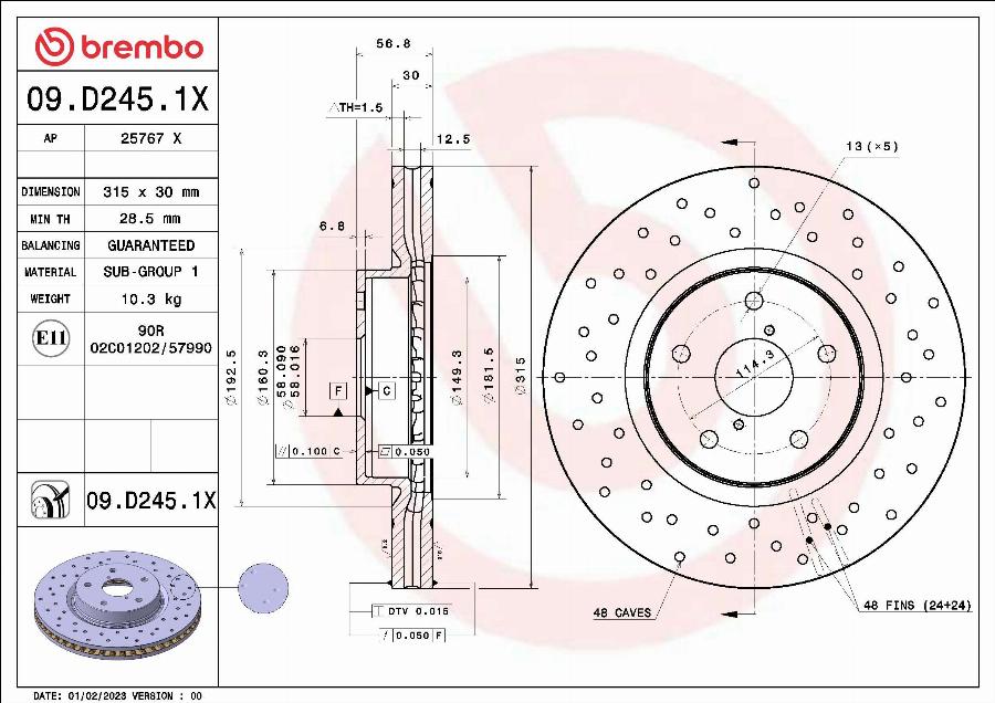 Brembo 09.D245.1X - Bremžu diski www.autospares.lv