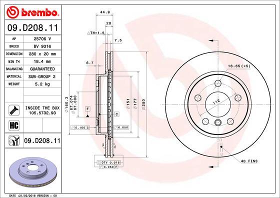 Brembo 09.D208.11 - Bremžu diski www.autospares.lv