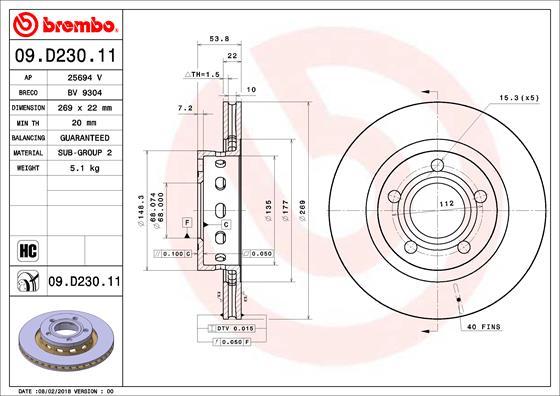 Brembo 09.D230.11 - Bremžu diski www.autospares.lv