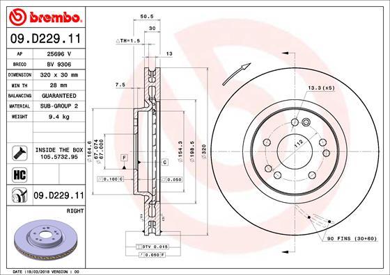 Brembo 09.D229.11 - Bremžu diski www.autospares.lv