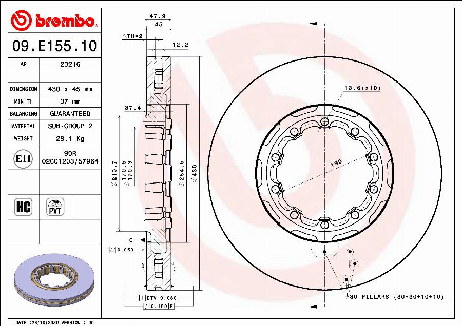 Brembo 09.E155.10 - Bremžu diski www.autospares.lv