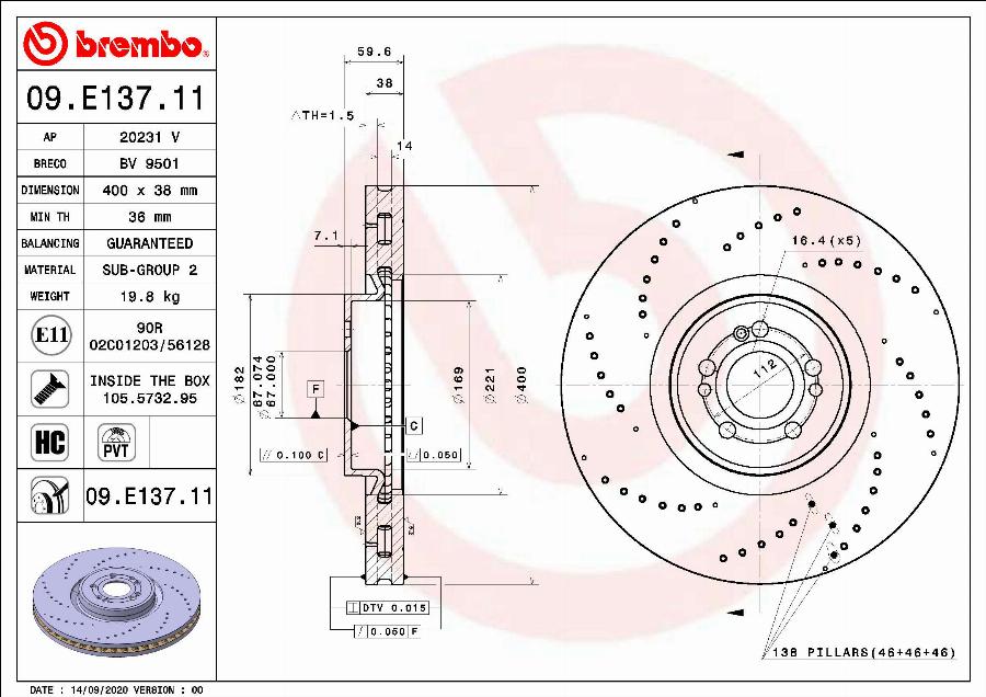 Brembo 09.E137.11 - Bremžu diski www.autospares.lv