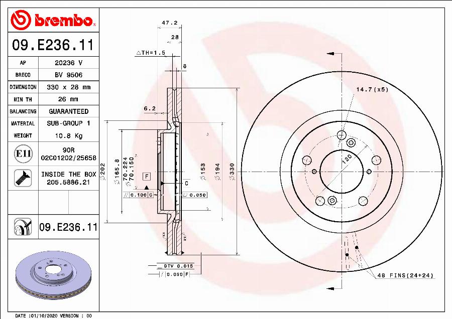 Brembo 09.E236.11 - Bremžu diski www.autospares.lv