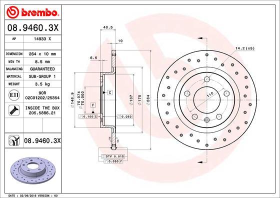 Brembo 08.9460.3X - Bremžu diski www.autospares.lv