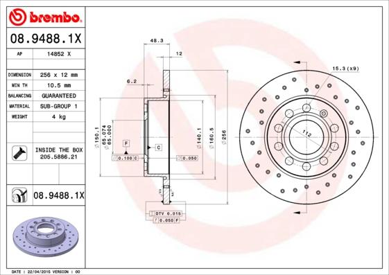 Brembo 08.9488.1X - Bremžu diski autospares.lv