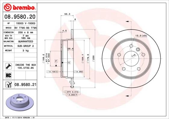 Brembo 08.9580.21 - Bremžu diski autospares.lv