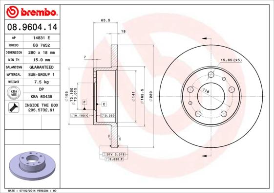 Brembo 08.9604.14 - Bremžu diski autospares.lv