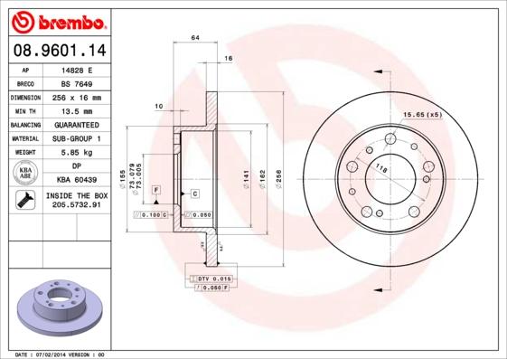 Brembo 08.9601.14 - Bremžu diski autospares.lv