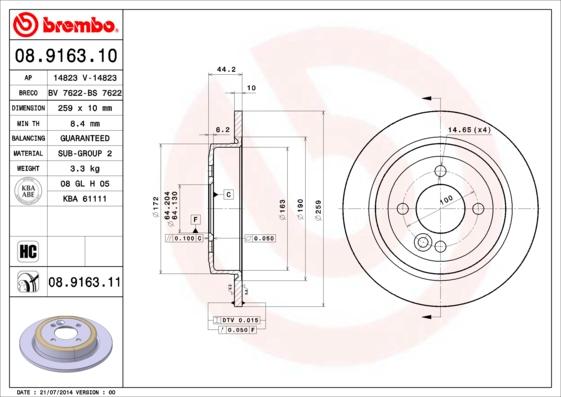 Brembo 08.9163.11 - Bremžu diski www.autospares.lv