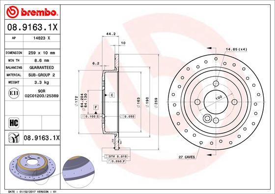 Brembo 08.9163.1X - Bremžu diski www.autospares.lv