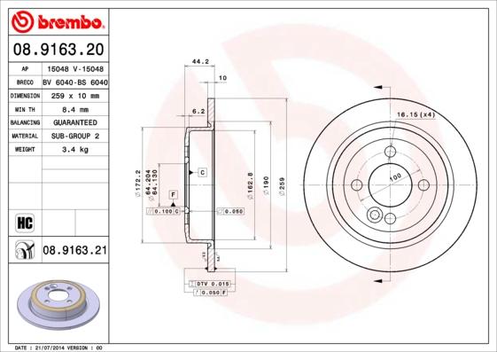 Brembo 08.9163.21 - Bremžu diski www.autospares.lv