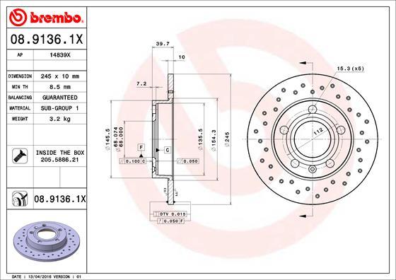 Brembo 08.9136.1X - Bremžu diski www.autospares.lv