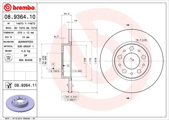 Brembo 08.9364.10 - Bremžu diski www.autospares.lv