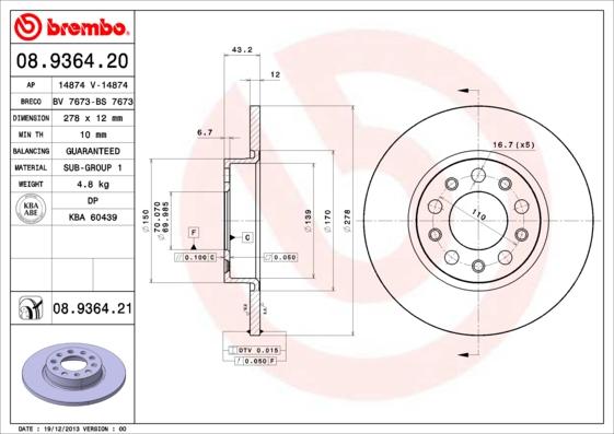 Brembo 08.9364.20 - Bremžu diski www.autospares.lv