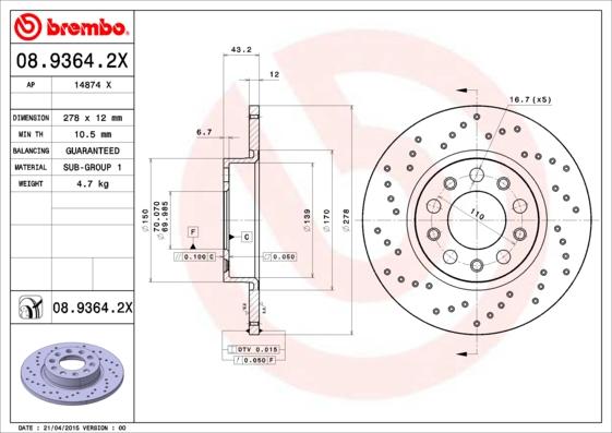 Brembo 08.9364.2X - Bremžu diski www.autospares.lv