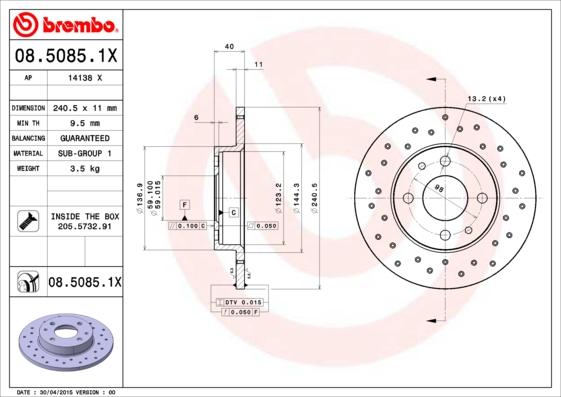 Brembo 08.5085.1X - Тормозной диск www.autospares.lv