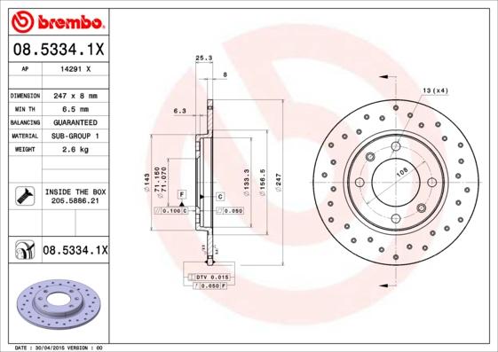 Brembo 08.5334.1X - Bremžu diski autospares.lv