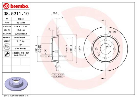 Brembo 08.5211.10 - Bremžu diski autospares.lv