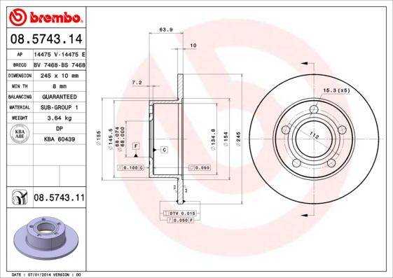 Brembo 08.5743.14 - Bremžu diski www.autospares.lv