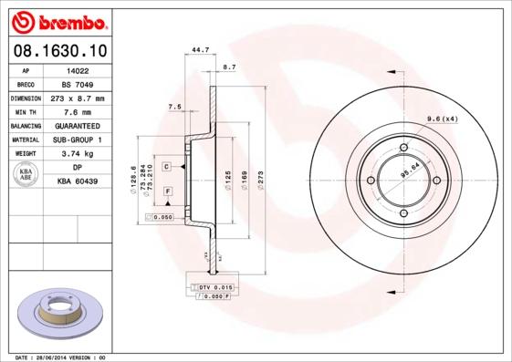 Brembo 08.1630.10 - Bremžu diski autospares.lv