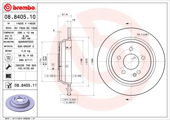 Brembo 08.8405.11 - Bremžu diski www.autospares.lv