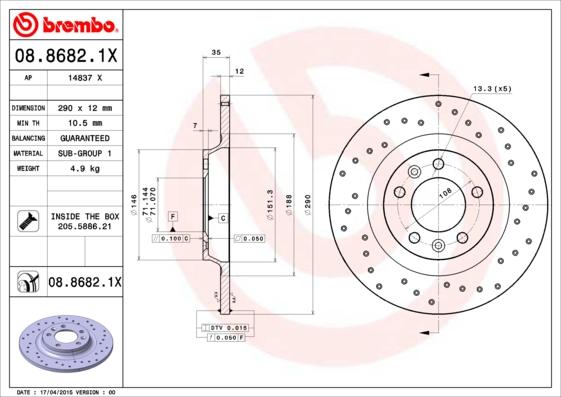 Brembo 08.8682.1X - Bremžu diski www.autospares.lv