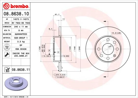 Brembo 08.8638.10 - Bremžu diski autospares.lv