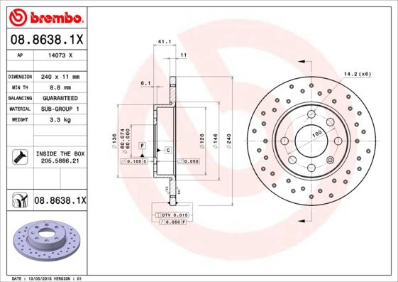 Brembo 08.8638.1X - Bremžu diski autospares.lv